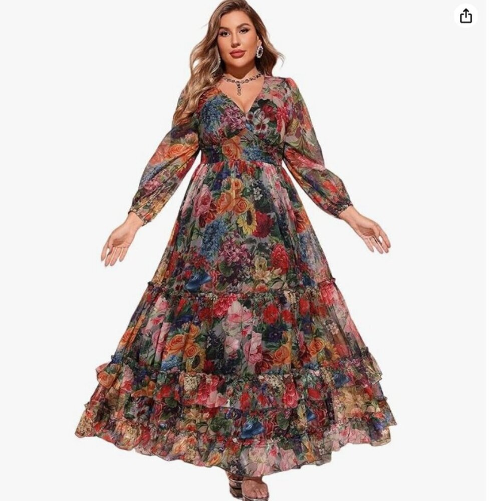 Toleen Multi Floral Print Long Sleeve V-Neck Bohemian Maxi Dress Large NWT